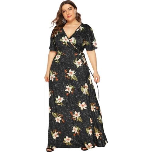 Plus Size Dress Summer Women 2020 Fashion V Neck Split Short Sleeve Floral Print Boho Beach Dress Maxi Long Wrap Dresses