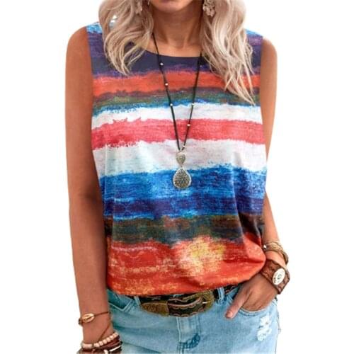 4XL 5XL Oversized Women Tie Dye Gradient Striped Shirt Summer Casual Sleeveless O-Neck Loose Plus Size Ladies Blouses 2021 New