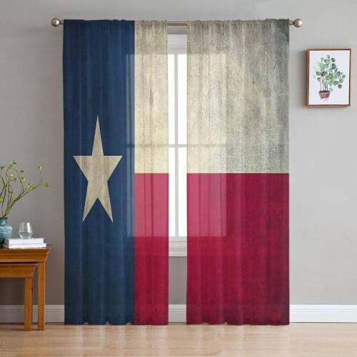 Flag Banner Stars Retro Chiffon Tulle Curtains for Living Room Kitchen Bedroom Sheer Voile Yarn Window Treatment