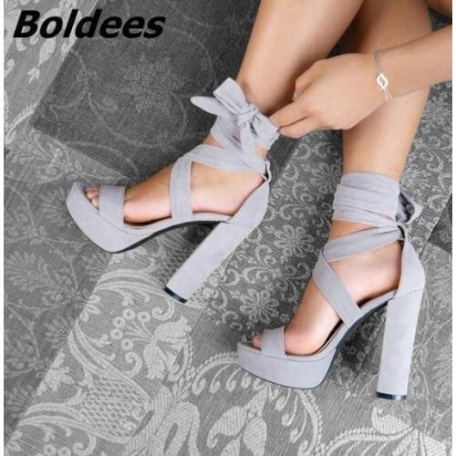 Light Grey Block Heeled Platform Sandals Women Designer Ankle Lace Up Chunky Heeled Dress Shoes