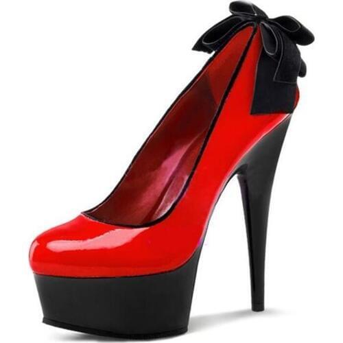 Women Shoes Platform Sexy Spike Thin Heels 15 CM Slip On Pumps Big Butterfly- knot Back Decor Shoes Red Woman Wedding Pumps