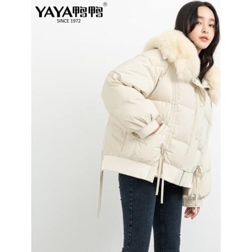 YAYA 2021 Womens Winter 90% White Duck Down Jacket Thick Real Fur Collar Short Puffy Warm Overcoat Hood Windbreak Outerwear