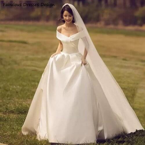 White Satin Long Wedding Dresses Cathedral Train Off Shoulder A Line Bridal Dress For Women Robe De Soirée De Mariage