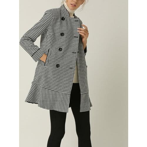 Womens Double-Breasted Houndstooth Coat 2021 Autumn Winter Ladies Outwear Tops Mid-Length Jacket with Pockets