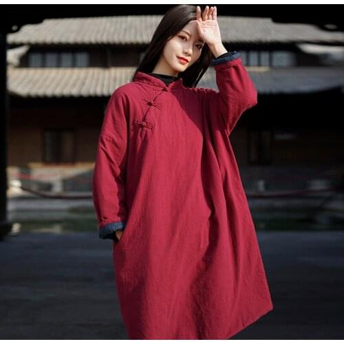 Women Winter Padded Stand Collar Long Coat Ladies Vintage Parkas Loose Robes Female 2019 Handmade Button Overcoat Outerwear Tops