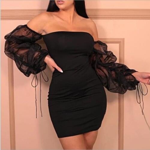 2021 New Style Ladies Elegant Off Shoulder Short Mini Dress Summer Mesh Puff Sleeve Slim Stretch Party Dress Fashion Streetwear