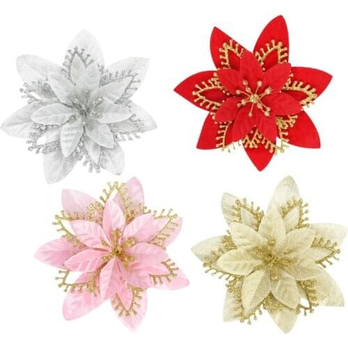 5pcs 13cm Gold Silver Artificial Christmas Flowers Christmas Tree Hanging Ornaments Decorations for Home Navidad New Year Decor