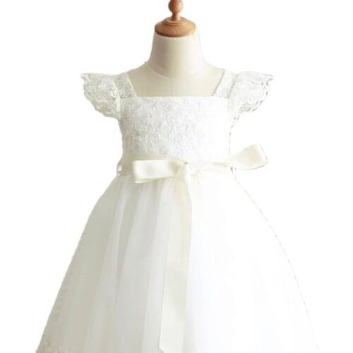 Gardenwed 2021 White Lace Flower Girl Dresses Cap Sleeves Ribbon Little Girls Kids/Children Dress for Wedding