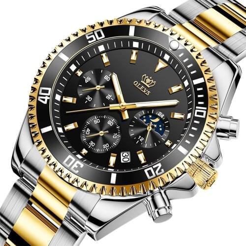 Olevs Fashion Mens Watch Multifunctional Chronograph Three-eye Quartz Luminous Waterproof Men Watch Sports Business Male Clock