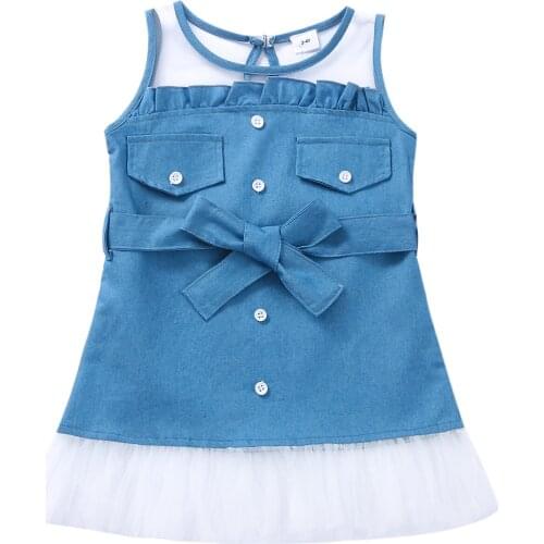 Citgeett Summer Kids Baby Girls Dress Outfit Mesh Denim Stitching A-line Princess Dress Clothes