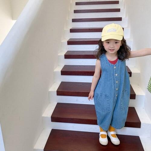 2021 Summer Girls Retro One-piece Jeans New Cute Simple Children Korean Water Scrubbing Jeans