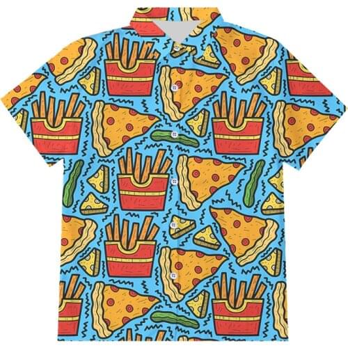 EU Size Men Summer 3D French Fries Pizza Printed Button Shirts Holiday Party Casual Food Printing Short Sleeve Shirts Oversize