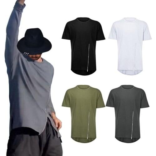 Summer new Men Extended Curved hem Front zipper design Short sleeve T-shirt hip hop oversized Streetwear Men casual Tee shirts