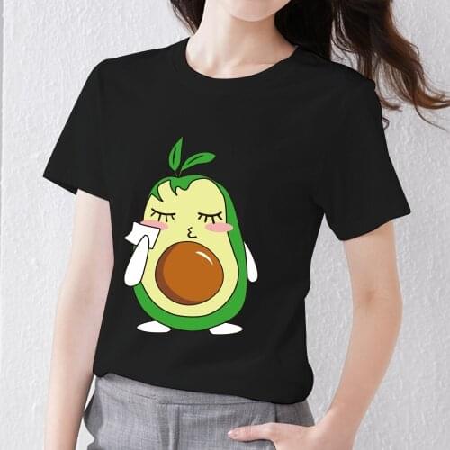 T-shirt Female Classic Black Print T-shirt Cartoon Cute Avocado Pattern Series Female Casual Young Women Commuter Round Neck Top