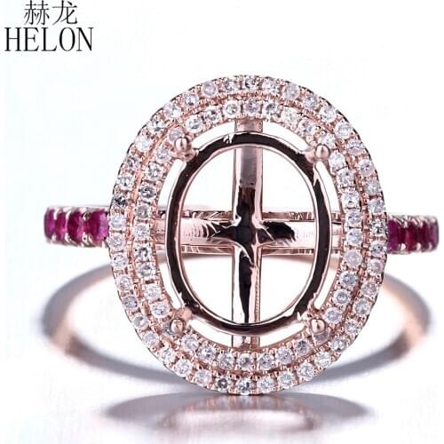 HELON Oval 7.5x9.5-9x11mm Solid 14K Rose Gold Natural Diamond & Rubies Semi Mount Engagement Ring Women Trendy Fine Jewelry Gift