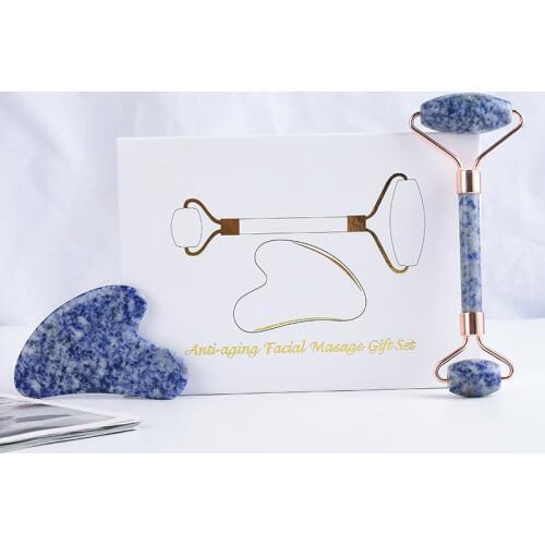 JEAXI Natural Sodalite Slimming Face Massage Tool Jade Facial Massage Roller Massage Stone Health Beauty Gift Set