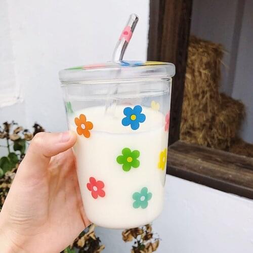 Colorful Flower Borosilicate Glass Coffee Cup with Straw Lid 350ml Clear Jar Drinking Cups Straw Milk Cups for Adults & Kids