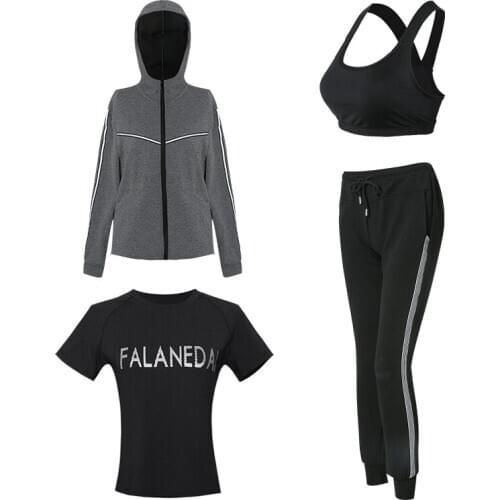 Hot Fitness Women Yoga Set 4 in 1 Set Yoga Bra Black Sport Pants Solid Letter Hoodie Gym Clothes Sport Wear Running Outdoor Jog