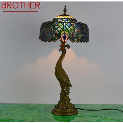 BROTHER Tiffany Table Lamp Peacock Contemporary Retro Creative Decoration LED Light For Home