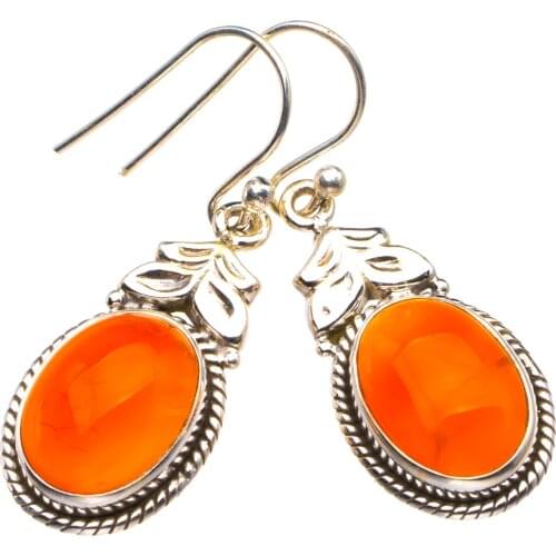 Natural Carnelian Leaf Handmade 925 Sterling Silver Earrings 1.5" D3688
