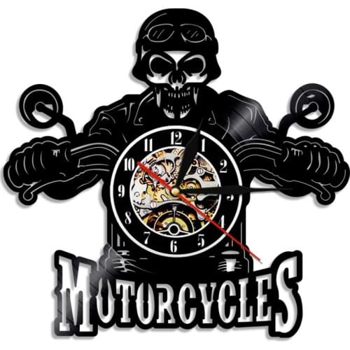 Schedel In Helm Racer Motorfietsen Wandklok Racer Skull Biker Vinyl Record Wandklok Halloween Home Decor Skull Rider Klok
