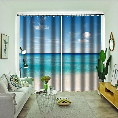Blue beach curtains 3d curtains new window balcony thickened windshield blackout curtains beautiful scenery curtains