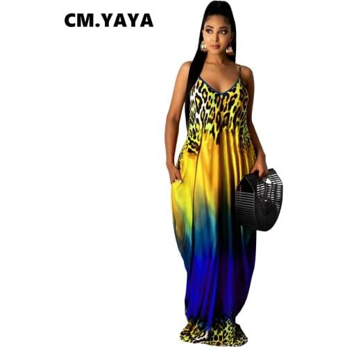 CM.YAYA Women Leopard Gradient Print with Pocket Maxi Dress Holiday Beach Party Spaghetti Strap Loose Floor Length Long Dresses