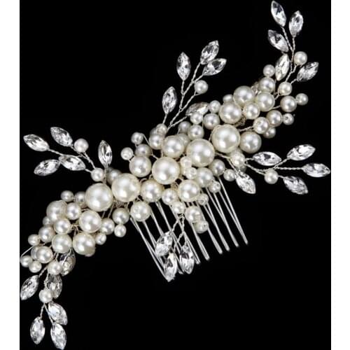 SLBRIDAL Silver Color Rhinestones Crystal Pearls Wedding Hair Comb Bridal Headpieces Beaded Hair accessories Bridesmaids Women
