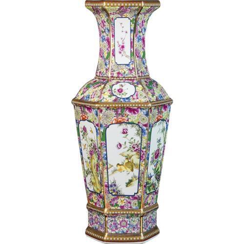 Traditional Chinese Antique Enamel Flowers Hexagonal VaseCeramic Big Floor Vase 55cm Height Large Porcelain Decoration Vase
