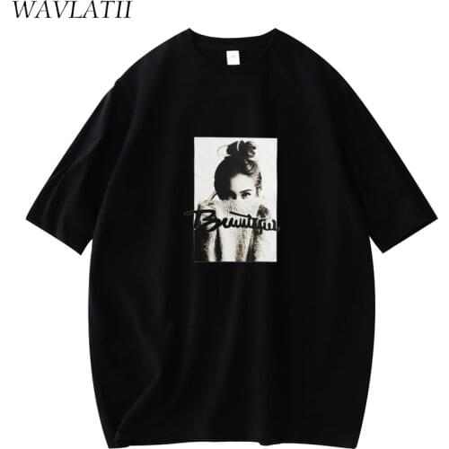 WAVLATII Women New Cotton Black Tshirts Female White Casual Print Tees Lady Streetwear Blue Short Sleeve Tops WT2113