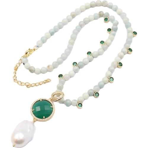 GuaiGuai Jewelry Natural Blue Aquamarines Green CZ Crystal Necklace Baroque Pearl Green Jade CZ Pendant Handmade For Women