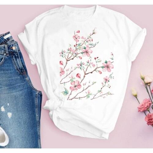 Women Fashion Flower Floral Graphic Print T-shirt 90s Girls Harajuku Style Vintage Tshirts Female Summer Short Sleeve Tops Tee
