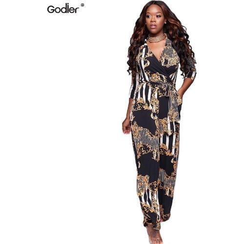 Godier Bohemian Floral Print Belted Plus Size V Neck Long Women Jumpsuits 2020 Autumn New Vacation Casual Lace Up Jumpsuit