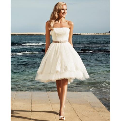 Vestido de noiva 2016 New Strapless Sleeveless Knee Length Beach Bridal Dress Cheap Short Wedding Dresses With Lace Up Back