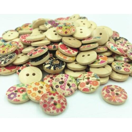 100pcs 15mm Mixed Round Pattern 2 Holes Wood Buttons Sewing Scrapbooking