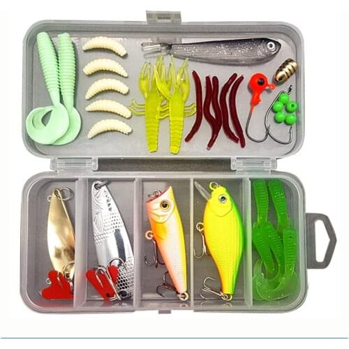 33Pcs/Kit Mixed Fishing Lure Set With Box Artificial Mixed Colors Styles Softbait Hardbait Fishing Lure Kit Plastic Metal Bait