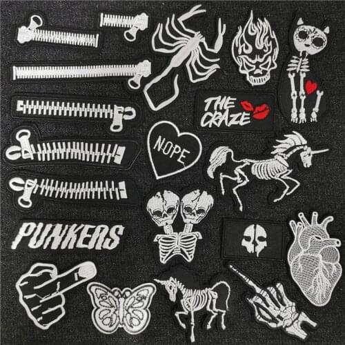Black and white Clothe Embroidery Patch Applique Ironing Clothing Sewing Supplies Decorative Punk Badges Patches For Clothing