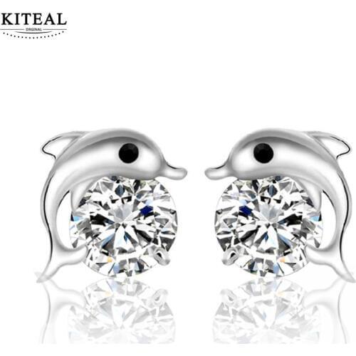 Dolphin Love Stud Earrings Cute Romantic For Women High Quality 925 Jewelry Silver Plated Round Cut AAA Zircon Brinco Bijoux