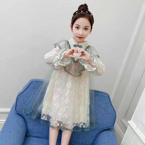 Childrens clothing spring retro cheongsam girls baby style stitching net yarn princess dress female baby dress