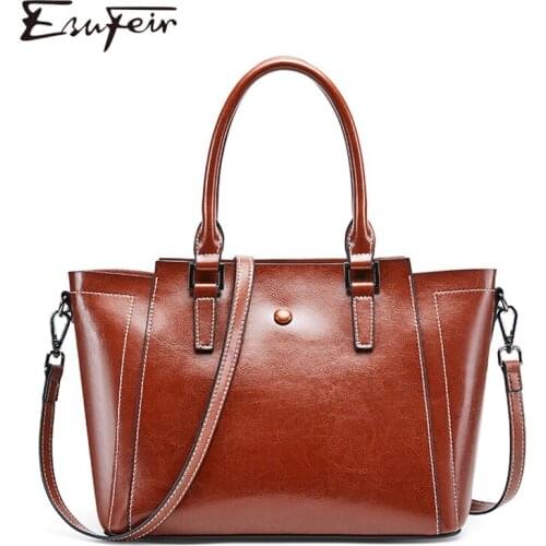 New ESUFEIR Oil Wax Leather luxury Women Handbag Split Leather Fashion Female Shoulder Bag Casual Tote Bags for Women 2019 bolsa