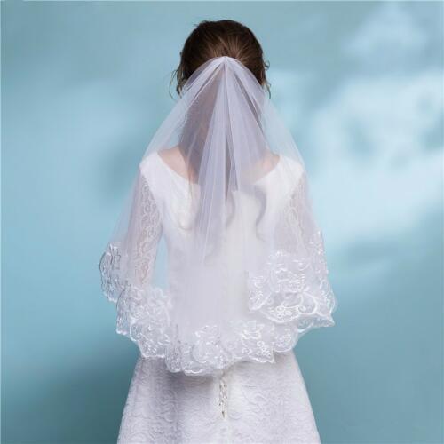 2019 In Stock White Ivory Red Bridal Veil Ivory Lace Short Elbow Wedding Veil Appliques Long Cathedral Bride Veils 1.5M 3M