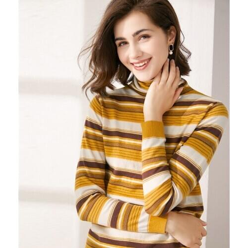 Johnature Women Turtleneck Sweaters Striped 3 Color Casual 2020 Spring New Knitted Female Korean Style Slim Sweaters