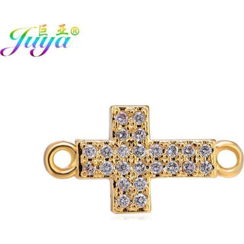 Juya Gold/Rose Gold Micro Pave Zircon Cross Charm Connectors For DIY Religious Christian Bracelet Necklace Earring Making