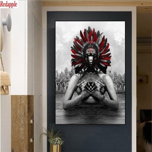 Full square diamond painting Abstract black and white portrait art, indians, feathers pictures for embroidery round diamond
