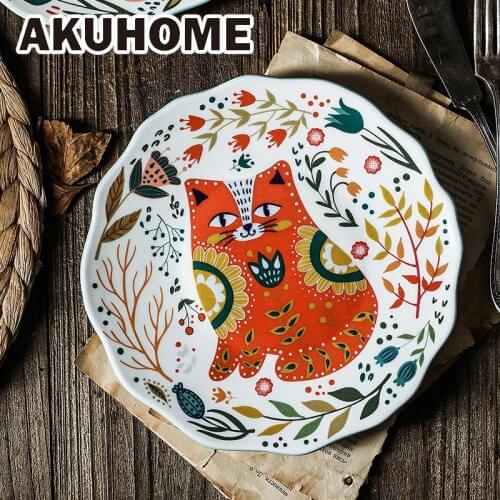 Ceramic Plate 8 Inch Round Dishes Creative Carton Cat Plate Household Tableware Dinner Plates Dessert Plate Dessert Tray Flower