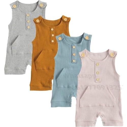 Newborn Baby Girl Boy Pocket Romper 0-18M Casual Outfits Baby Girl Boy Sleeveless Button Romper Cotton Jumpsuit Toddler Clothing