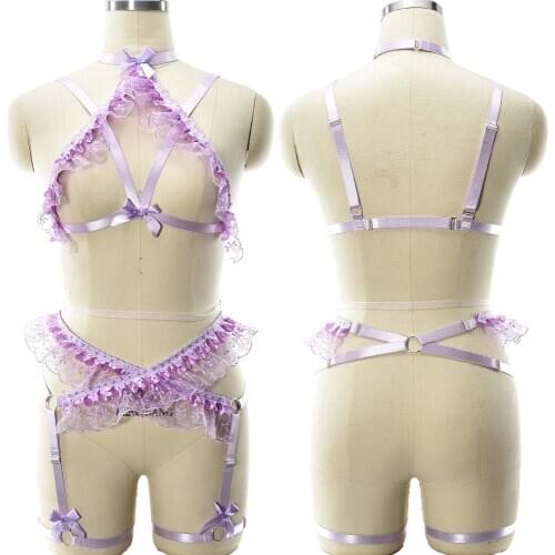 Original Design Bondage Harness Set Cage Bra And Garter Belt Light Purple Lace Full Body Harness Edgy Wedding Sexy Lingerie