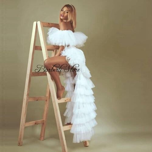 Trendy 2 Pieces Women Sets Sexy Off The Shoulder Top With High Low Tiered Tulle Skirts Women Clothing Birthday Party Photography