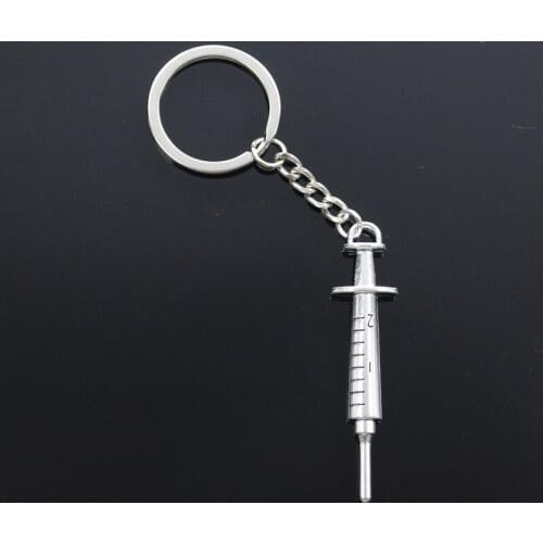 New Fashion Men 30mm Keychain DIY Metal Holder Chain Vintage Doctor Syringe 62x6mm Silver Color Pendant Gift