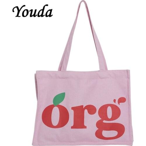 New Student Canvas Shoulder Bag Girls Pink Korean Letter Printing Female Handbag Womens Large Capacity Reusable Shopping Bag